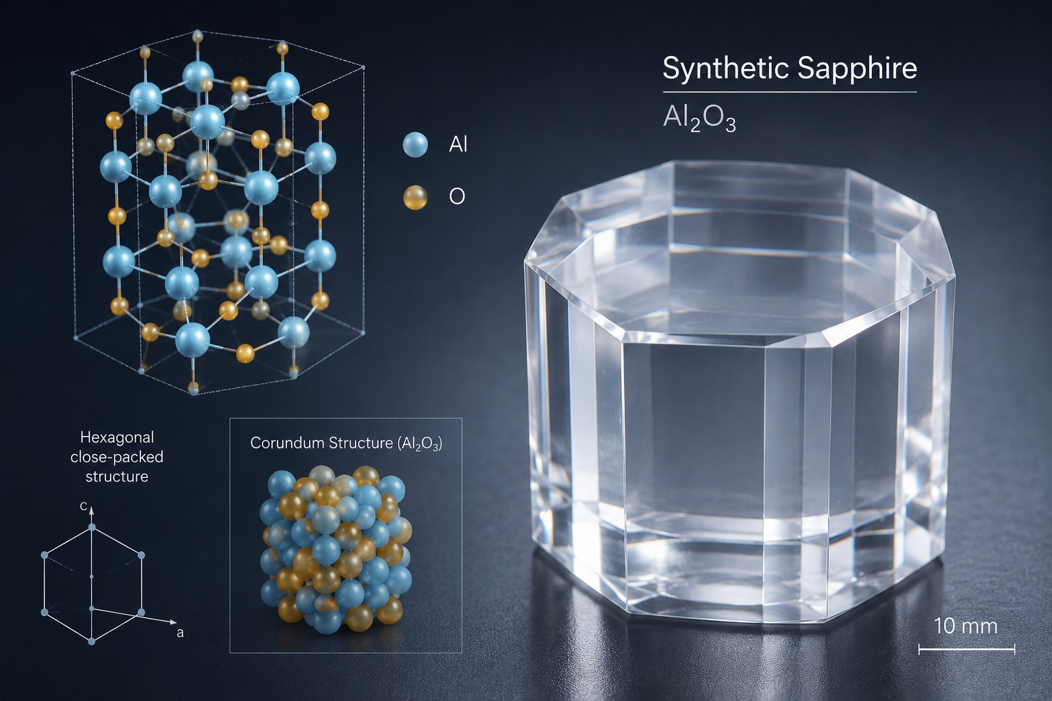Sapphire crystal lattice structure: aluminum and oxygen atoms in hexagonal arrangement