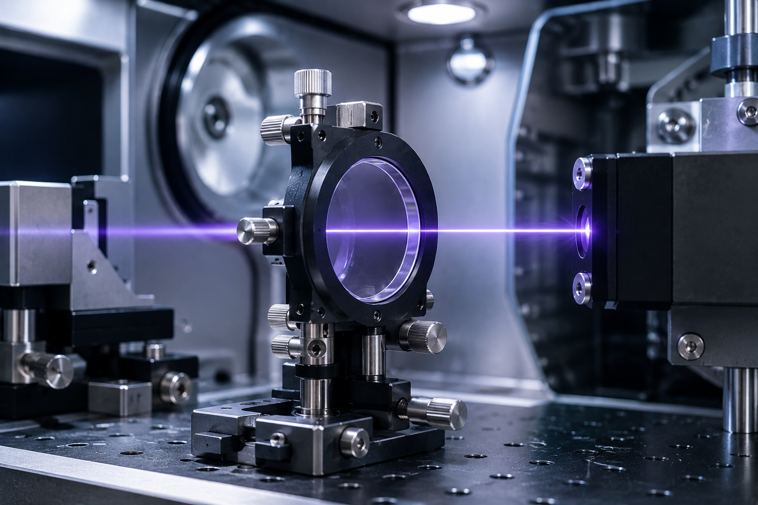 Fused silica window in precision laboratory instrument with UV beam