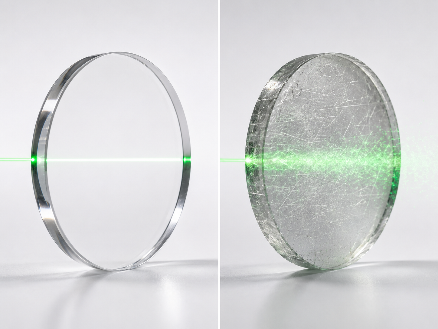 Side-by-side comparison: laser beam passing through sapphire vs. scattering through scratched glass