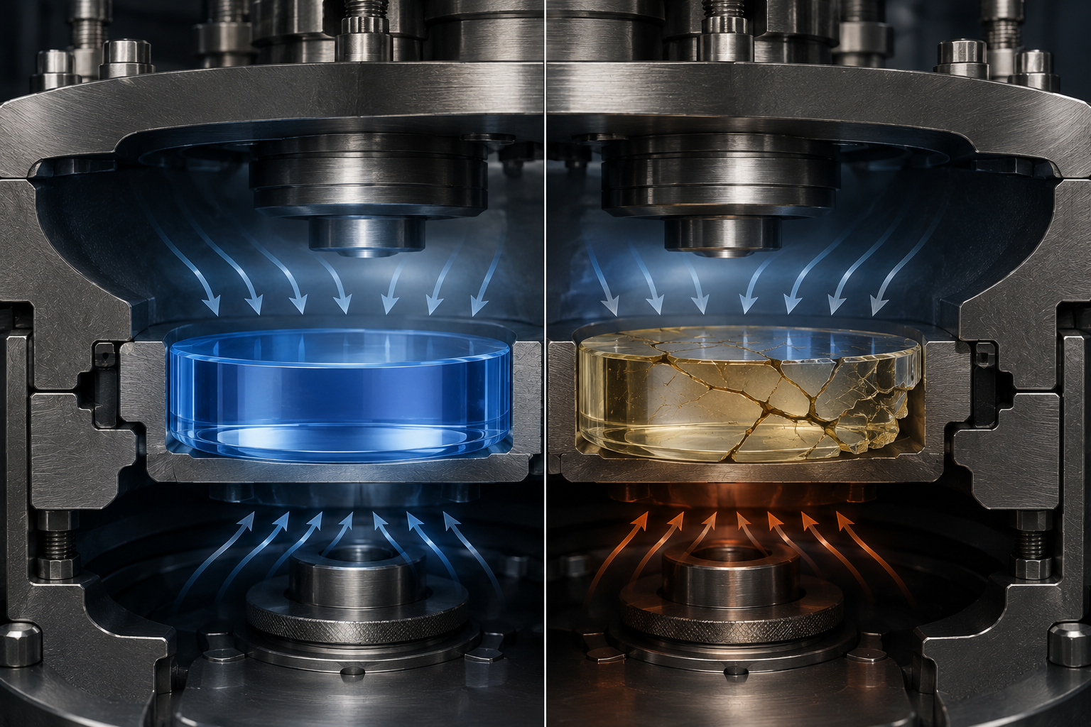 Sapphire vs fused silica cross-section comparison under high pressure