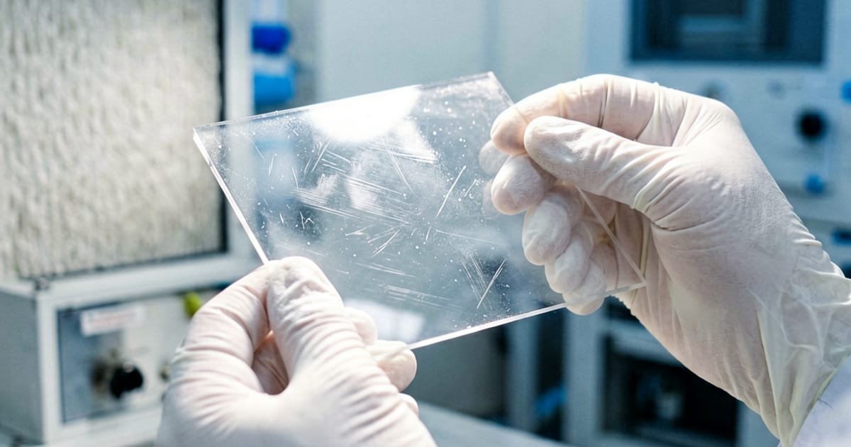 Sapphire substrate inspection under cleanroom conditions Inspection of sapphire substrate wafer under cleanroom lighting — visual quality control process for RF substrates