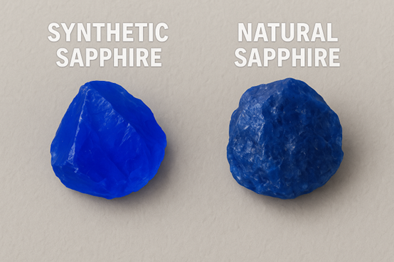 A rough natural sapphire gemstone next to a clear, polished synthetic sapphire rod