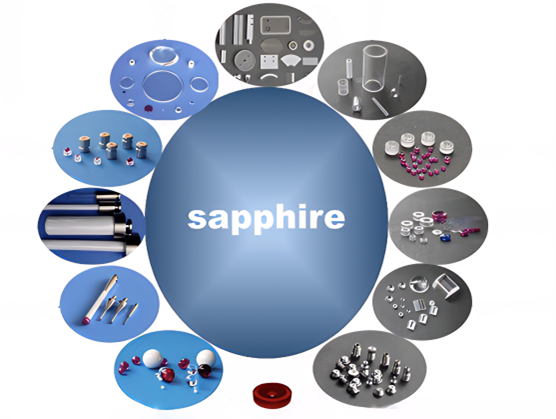 An array of different sapphire products: a watch glass, a tube, a lens, and a nozzle
